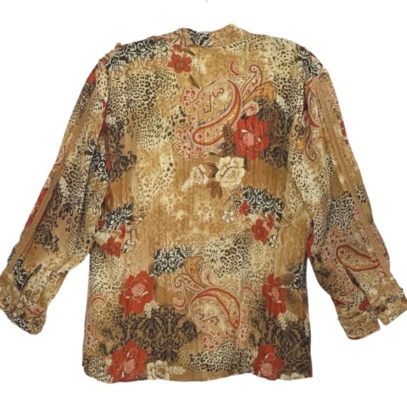 Coldwater Creek Blouse Pleated Leopard Floral Print Button Front Boho Gold M - Picture 2 of 4